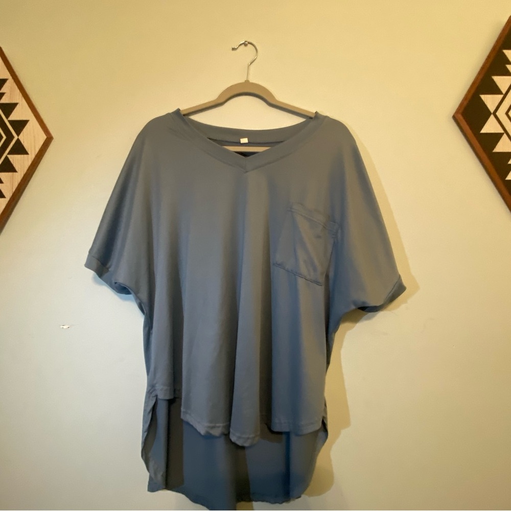 Relaxed Blue V-Neck Top with Pocket